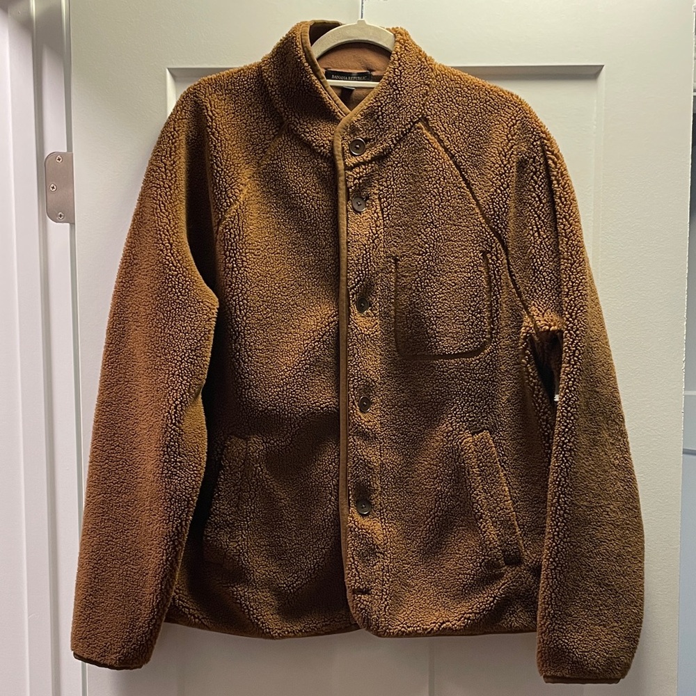 Banana Republic Men's Sherpa Teddy Fleece Button Jacket Brown Size L - Picture 1 of 7